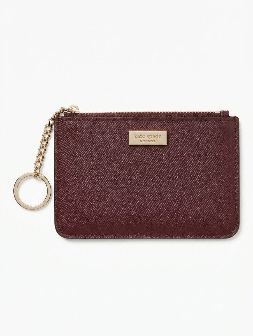kate spade Saffiano Leather burgundy zip card pouch with gold key ring